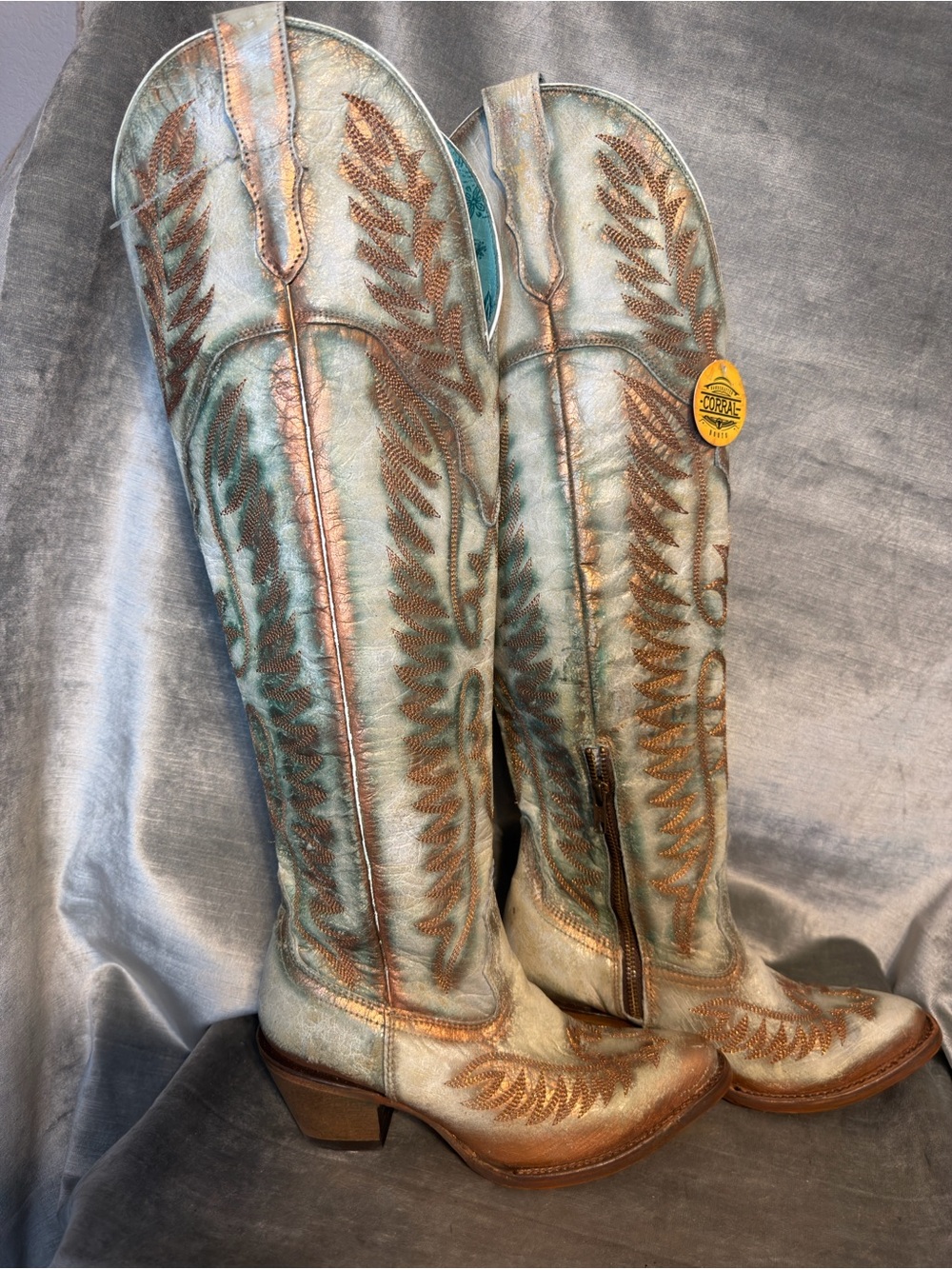 Corral NEW Tall Lt. Turquoise Western Boots w/zip & Metallic Embroidery Size 7.5